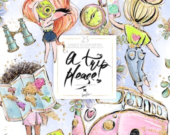 Puede incluir: Un conjunto de 25 ilustraciones digitales que presentan una furgoneta vintage rosa y blanca, una chica con un mapa, una chica con una cámara y una chica con un teléfono. Las ilustraciones son de estilo de dibujos animados y tienen un efecto brillante y brillante. El texto "a trip please!" aparece en el centro de la imagen.