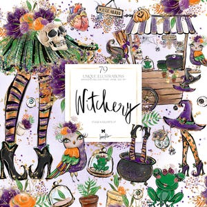 ハロウィーンの魔女のキャラクターのクリップアート KaramfilaS カエルの頭蓋骨の魔術ショップカートカボチャの頭蓋骨の花プランナーステッカークリップアートPNGセット