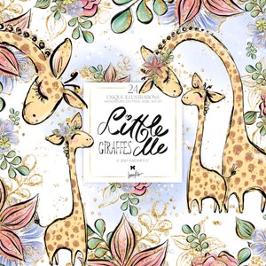 Mãe e bebê girafas clipart karamfilas pastel caprichoso floral folha de ouro glitter molduras planejador adesivos sublimação png pod suprimentos para eventos