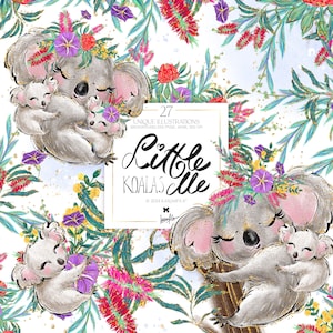 Mama und Baby Koala Clipart KaramfilaS Pastell Federn Blumen Australische Blumenrahmen Planer Aufkleber Sublimation PNG POD Ereigniszubehör