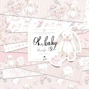 Confezione di carta digitale per bambine Karamfilas Oh Baby Watercolor Hydrangea Floral Planner Stickers Blush Beige Nursery Sublimation Fabric Prints