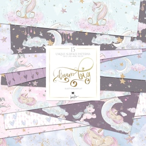 Clipart licornes bébé endormi Karamfila S rêve grande chambre de bébé bonbons coton nuages étoiles lune nouveau-né motifs de surface papier tissu impression
