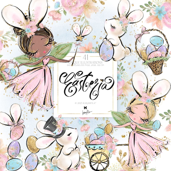 Easter Eggs Fairy Bunny Clipart, KaramfilaS Whimsical Easter Pastel Spring Flowers Planner Stickers Clip Arts Print on Demand Illustrations