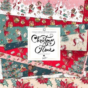 Papel digital de Natal KaramfilaS, padrões de superfície de Natal excêntricos, letras de unicórnio e Papai Noel, enfeites de árvore brilhantes, tecido de Natal aconchegante, arte POD