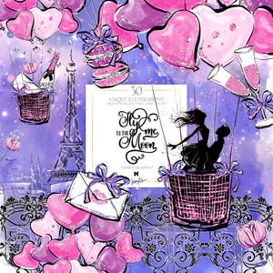 Paris Valentine Clipart Karamfila Amor Casal Silhueta Ar Coração Rosa Balões Champanhe Lua Estrelas Art Déco Cerca Sublimação Imagens PNG
