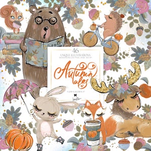 Herfst bos Clipart KaramfilaS schattig bos planner stickers grillige dieren pastel herfstbladeren eikels bossen kinderillustraties