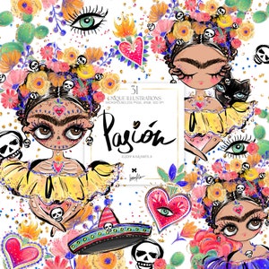 Clipart de calavera mexicana, tributo a Frida Kahlo, corazones de fuego, pegatinas florales bohemias para planificador, kit de sublimación PNG para álbumes de recortes