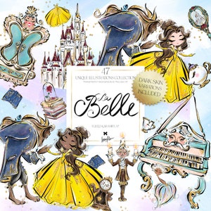 Clipart di La bella e la bestia, KaramfilaS Princess Belle Birthday Party Fairytale Planner Adesivi Clip Art Stampa su richiesta Illustrazioni