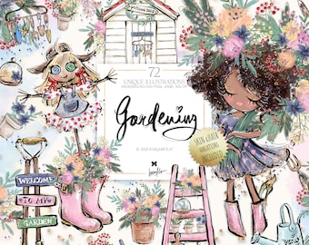 May include: A set of 72 digital illustrations for gardening, featuring a scarecrow, a girl with a flower crown, a shed, gardening tools, and flowers in pots. The illustrations are in a whimsical style with watercolor and glitter accents. The text "Gardening" is featured in the center of the image.