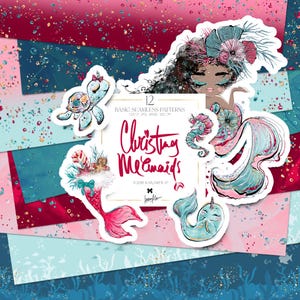 Carta digitale di Natale sott'acqua KaramfilaS Adesivi per pianificatore natalizio con sirena Smeraldo intenso Rosso cremisi Verde acqua Tessuto glitterato Modelli senza cuciture