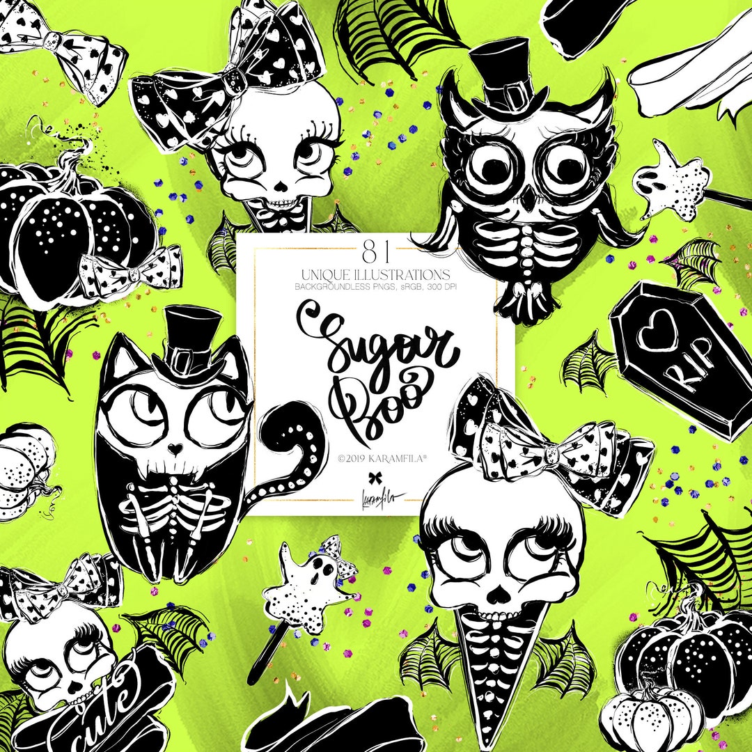 Halloween Animal Skeletons Clipart: Skull Doodle PNG Stickers (digital ...