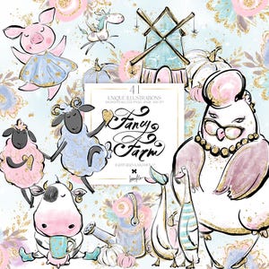 Lustige Bauernhof Tiere Clipart Baby Schwein Ballerina Punk Kuh fliegendes Pferd Han Schaf Gans Familie Dorf Mühle Kürbisse Kinder Sublimation PNG