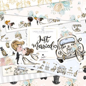 Niedlich Hochzeit Digitales Papier Karamfila Braut Bräutigam Hochzeit Symbole Doodles Auto Kuchen Planer Liefert Stoff Sublimationsdruck Nahtlose Muster