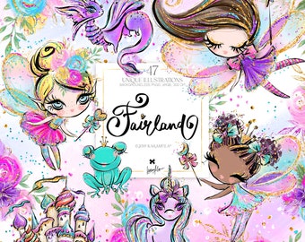 May include: A set of 47 digital illustrations featuring fairies, a unicorn, a dragon, a frog, and a castle. The illustrations are in a whimsical style with glitter and sparkle accents. The illustrations are perfect for creating invitations, cards, and other crafts.