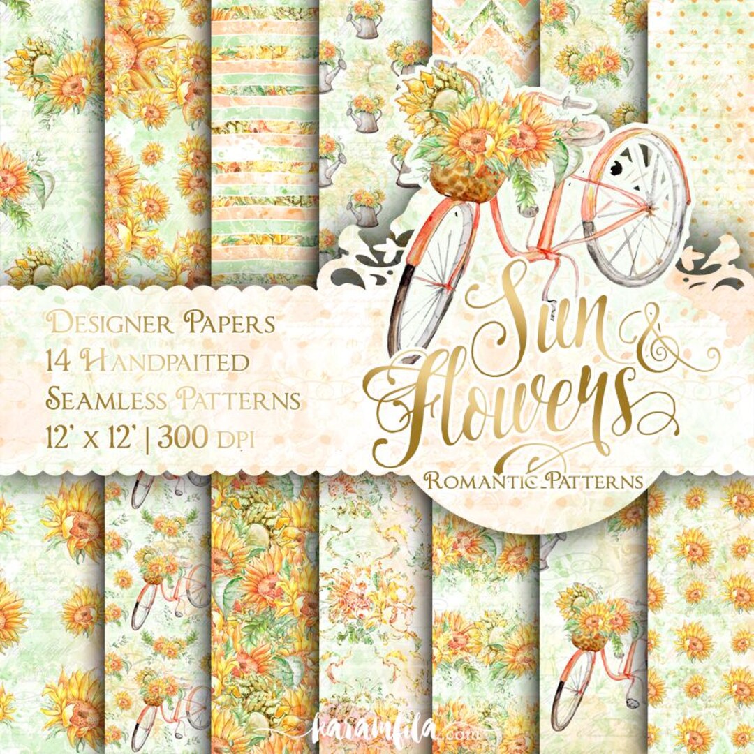 Sunflower Digital Paper Pack Karamfila Summer Sun Floral Seamless ...