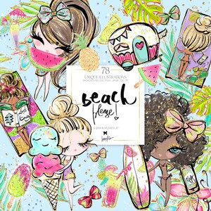 Strand Clipart KaramfilaS Sommer Cocktail Wohnwagen Eiscreme Wassermelone Ananas Surf Tropisch Planer Stickers Print on Demand Illustrationen