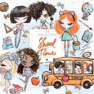 Clipart retour à l'école, autobus scolaire KaramfilaS élèves outils clipart enseignant agenda autocollants graphiques impression à la demande illustrations
