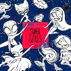 KaramfilaS Supergirls Doodle Clipart Superhero Girls Kids Lindas Supermujeres Pegatinas Superhéroes caprichosos Bebés Niñas Lindos Niños PNG