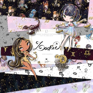Zodiac Digital Paper Pack KaramfilaS Constellations Oberflächenmuster für Papier oder Stoff Sublimationsdruck Sternzeichen Scrapbook Kit