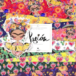 Paquete de papel digital mexicano Karamfila, homenaje a Frida Kahlo, estampados florales étnicos latinos, kit de álbum de recortes de cactus, telas Fire Hearts