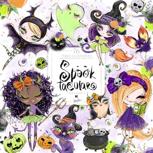 Karamfila Halloween Dolls Clipart Straszne Postacie Planner Naklejki Urocze Wiedźmy Sowa Kot Duch Pająk Sublimacja Grafika PNG POD Materiały