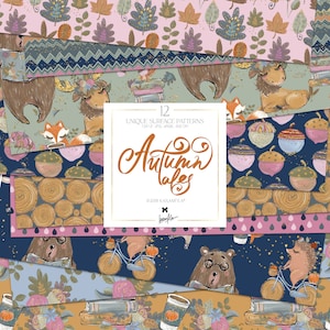 Herbst Wald Digitales Papier KaramfilaS niedlichen Wald Planner Aufkleber skurrile Tiere Pastell Herbst Blätter Eicheln Kinder Oberfläche Muster