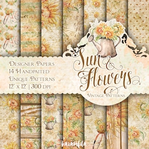 Confezione di carta digitale vintage con girasoli Karamfila, motivi floreali estivi senza cuciture, adesivi per planner romantici, forniture fai da te