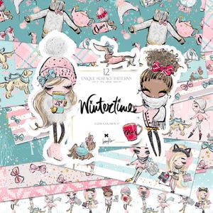 May include: A set of 12 digital paper patterns featuring a wintertime theme. The patterns include illustrations of girls, dogs, and winter-themed objects. The patterns are in a variety of colors, including pink, blue, and white. The text "Wintertime" is included in the image.