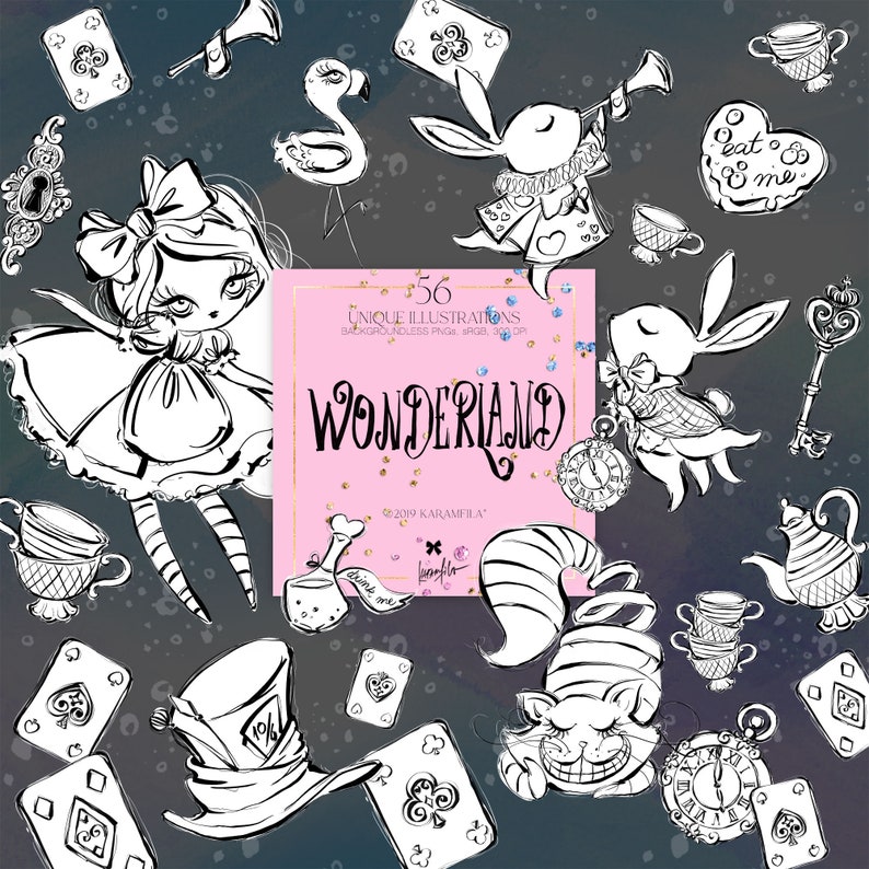 Alice in Wonderland Doodle Clipart Karamfilas Mad Hatter White Rabbit ...