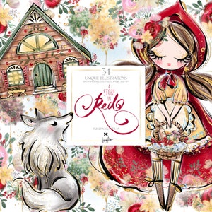 Clipart di Cappuccetto Rosso, adesivi per planner KaramfilaS con fiori pastello, favola del bosco, clipart di favole, sublimazione PNG