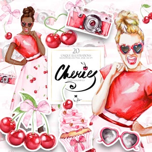 Waterolor Cherries Clipart KaramfilaS Verão Retro Vintage Moda Menina Ilustração Planejador Adesivos Slip Arts Sublimação Imagens PNG