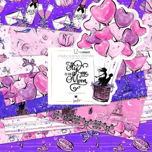 Papel digital de San Valentín de París Karamfila Día de San Valentín Amor Pareja Corazón rosa Globo aerostático Champán Luna Estrellas Cielo nocturno Patrones sin costuras
