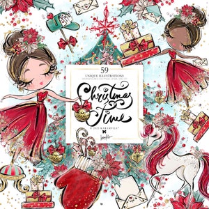 Clipart natalizie stravaganti, KaramfilaS, unicorno di Natale, bambola carina, ornamento per albero, adesivi floreali, clip art, stampa su richiesta, illustrazioni