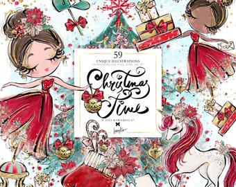 Whimsical Christmas Clipart, KaramfilaS Xmas Unicorn Cute Doll Tree Ornament Floral Planner Stickers Clip Arts Print on Demand Illustrations