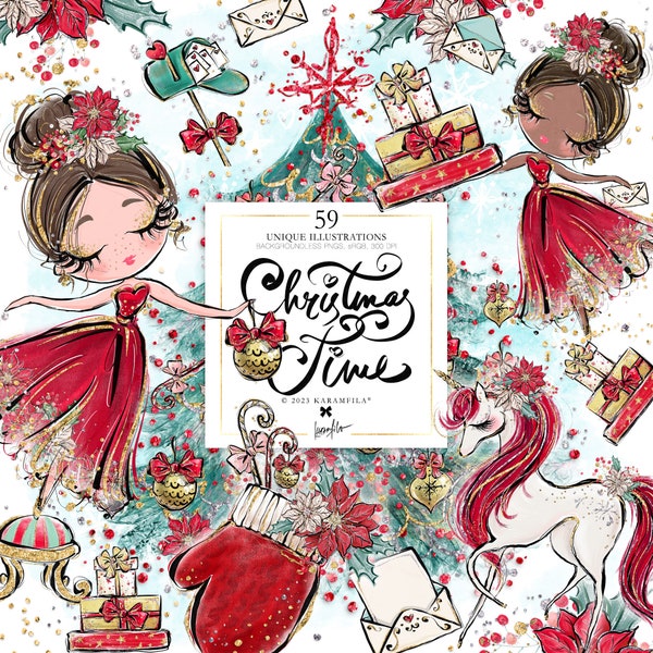 Whimsical Christmas Clipart, KaramfilaS Xmas Unicorn Cute Doll Tree Ornament Floral Planner Stickers Clip Arts Print on Demand Illustrations