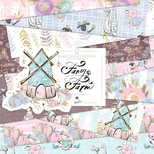 Pacote de papel digital de animais de fazenda engraçados Karamfila Pastel Baby Children Planner Stickers Seamless Sublimation Nursery Glitter Surface Patterns