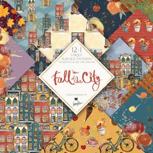 May include: A collection of 12+1 unique surface patterns with a fall theme. The patterns feature cityscapes, pumpkins, bicycles, and autumn leaves. The central design element is a diamond-shaped graphic with the text "Fall in the City".