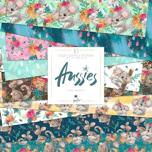 Koala Känguru Digitales Papier, Australische Tiere Muster, Aussies Planer Aufkleber Papier, Glitzer, Skurrile Stoffe, Oberflächenmuster Design