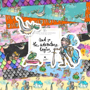 Paquet de papier numérique princesses chevaliers dragons château conte de fées prince grenouille écailles de dragon aventure motifs sublimation