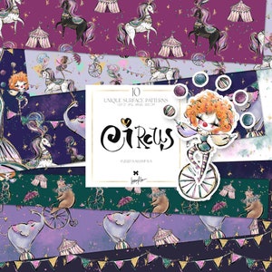 Circus Digital Paper KaramfilaS Ballerina Elephant Bear Bicycle Clown Horses Planner Stickers Patterns for Paper Fabric Sublimation Printing