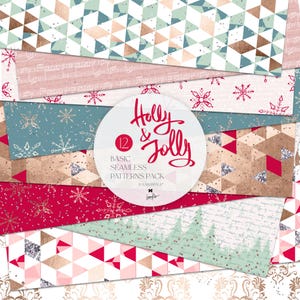 May include: A collection of 12 basic seamless patterns with a holiday theme. The patterns include geometric shapes, snowflakes, musical notes, and Christmas trees in shades of red, teal, gold, and pink. The text "Holly & Jolly" is featured in a circular design.