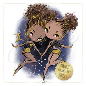 Sternzeichen Zwilling Clipart Kinder Sternzeichen Puppen Planner Stickers Sternbilder Sublimation Karamfila afroamerikanische Mädchen BFF PNG PNG