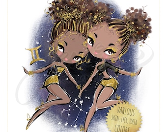 Imágenes prediseñadas del signo zodiacal Géminis: Niñas afroamericanas, constelaciones estelares (descarga digital PNG)