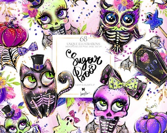 May include: A set of 68 digital illustrations featuring a whimsical Halloween theme. The illustrations include a variety of characters, such as a skull wearing a top hat, a cat with a top hat, an owl with a crown, and a skull with a bow. The illustrations are in a cartoon style and feature bright colors and glitter accents. The text "Sugar Boo" is featured in the center of the image.