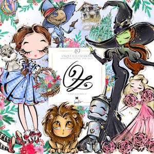 Mago de Oz Clipart KaramfilaS Wicked Elphada Glinda Dorothy Espantapájaros León cobarde Leñador de hojalata Casta esmeralda Sublimación Pegatinas PNG