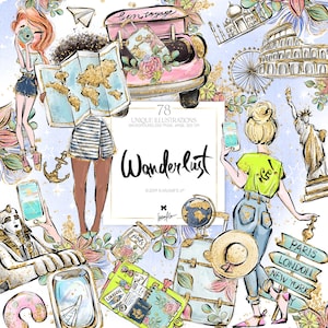 Adesivos de viagem Karamfila Wanderlust Planner Doll Clip Art Paris Londres Taj Mahal Roma Egito Nova York Estátua da Liberdade Sublimação PNG