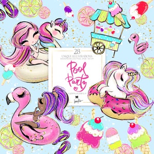 夏のクリップアート、KaramfilaS プール パーティー、ビーチ、アイスクリーム カート、フラミンゴ、ユニコーン、プランナー ステッカー、グリッター、気まぐれなオンデマンド印刷のイラスト。