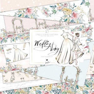 Hochzeitstag Digitales Papier Karamfila Mode Braut zu sein Planer Hochzeitstorte Accessoires Stoff Sublimationsdruck Goldfolie Nahtlose Muster