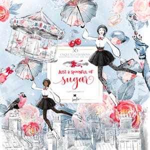 Mary Poppins Clipart KaramfilaS aquarel pioenrozen carrousel pastel bloemen planner stickers illustraties sprookjesachtige sublimatie png POD-afbeeldingen