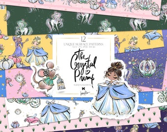 May include: A set of 12 digital paper patterns featuring a princess in a blue gown, a mouse, a pumpkin carriage, and stars. The text "The Crystal Pump" is in the center of the image. The patterns are 12x12 inches and 300 dpi.